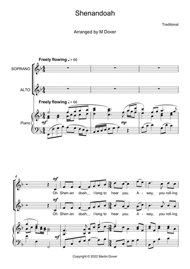 Shenandoah (Oh Shenandoah) - Two Part Choir - SA - Upper voices (arr. Martin Dover)