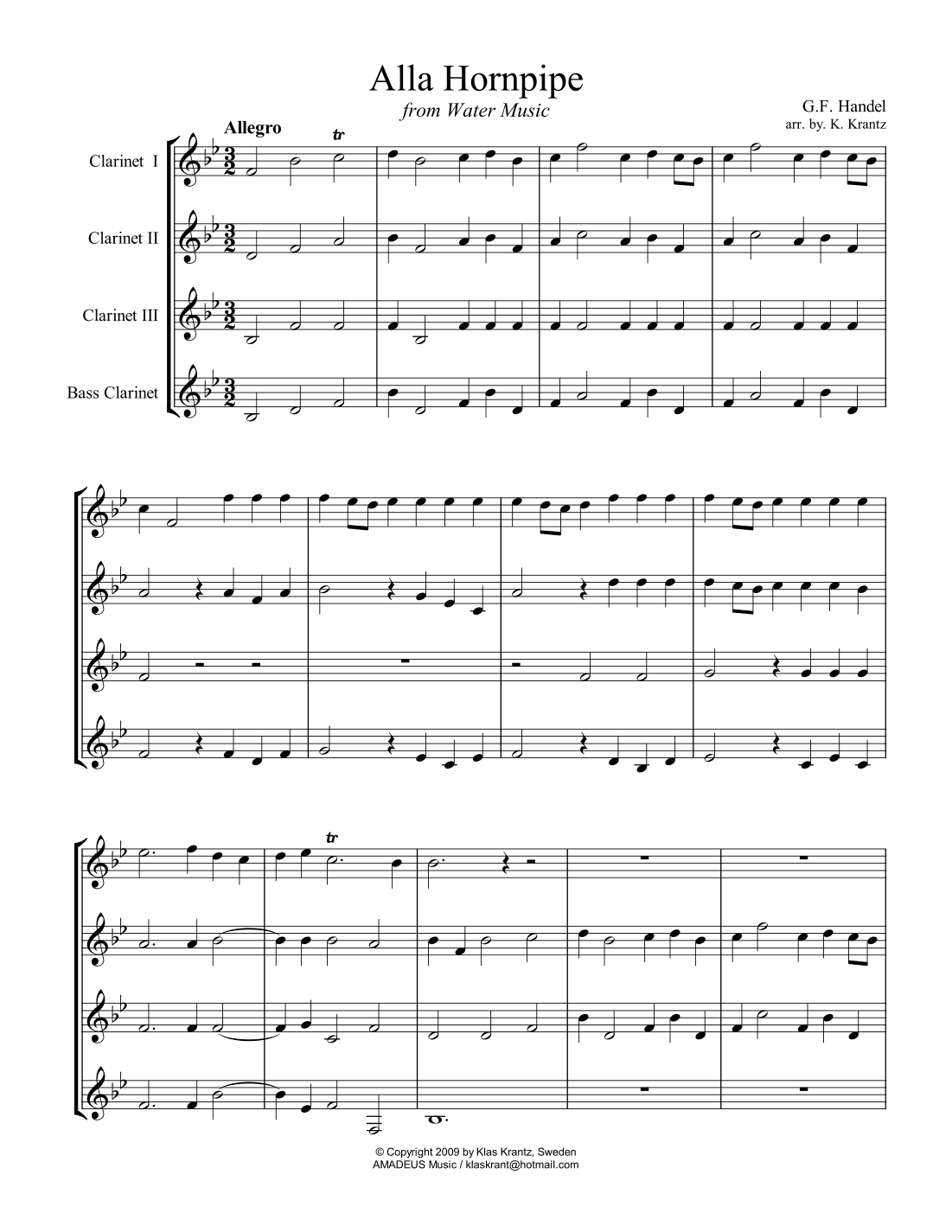Alla Hornpipe from Water Music for clarinet quartet (3 cl in Bb+ bass cl in Bb) (arr. K. Krantz)