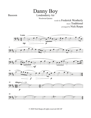 Danny Boy (Londonderry Air) Woodwind Quintet (Fl, Ob, Cl, Hrn, Bsn) - Bassoon part (arr. Nick Raspa)
