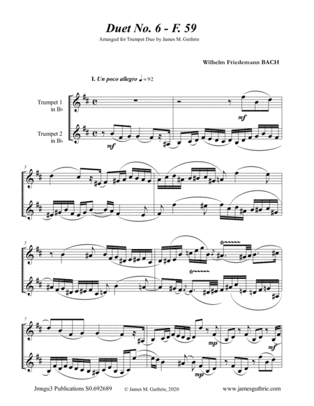 WF Bach: Duet No. 6 for Trumpet Duo (arr. James M. Guthrie, ASCAP)