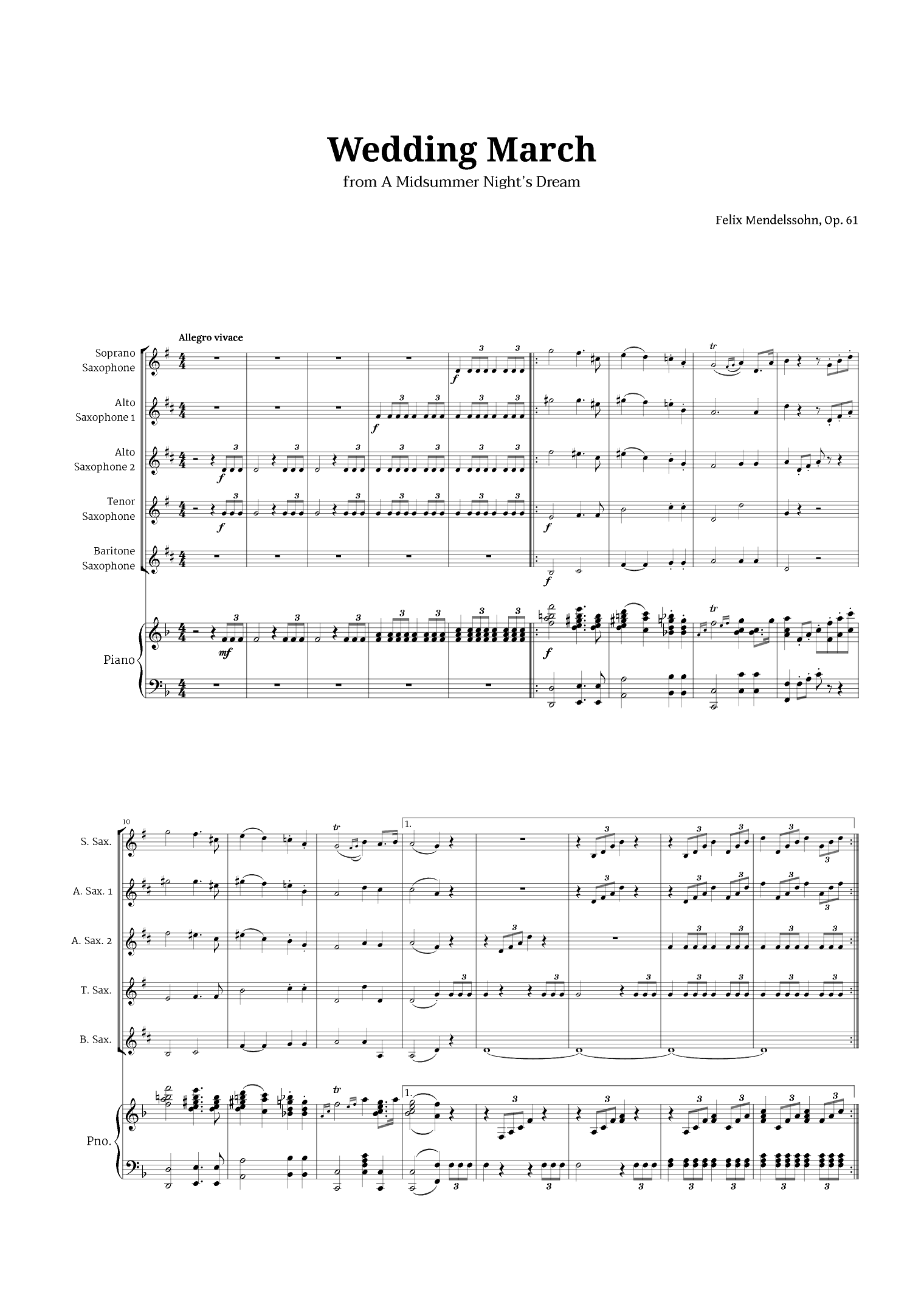 Wedding March by Mendelssohn for Sax Quintet and Piano (arr. Langanho)