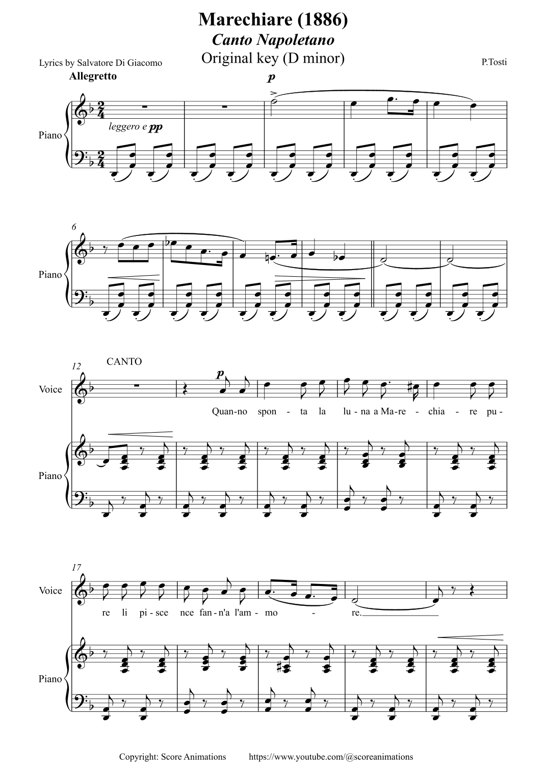 "Marechiare" Original key (D minor) (arr. Score Animations)