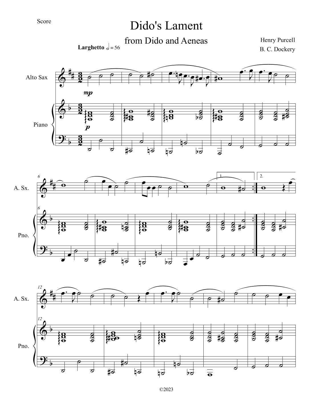 Dido's Lament (Alto Sax Solo with Piano Accompaniment) (arr. B. C. Dockery)