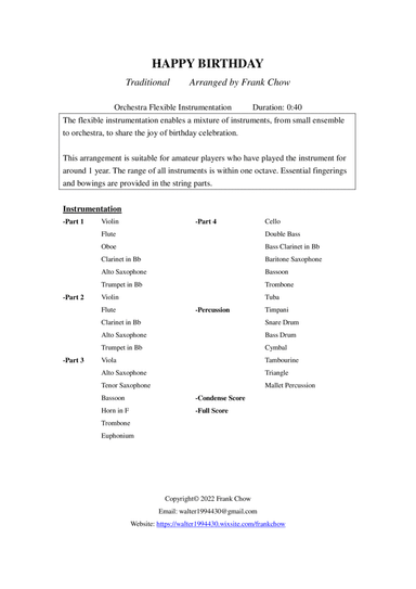 Happy Birthday (Orchestra/ Concert Band Flexible Instrumentation) (arr. Frank Chow)
