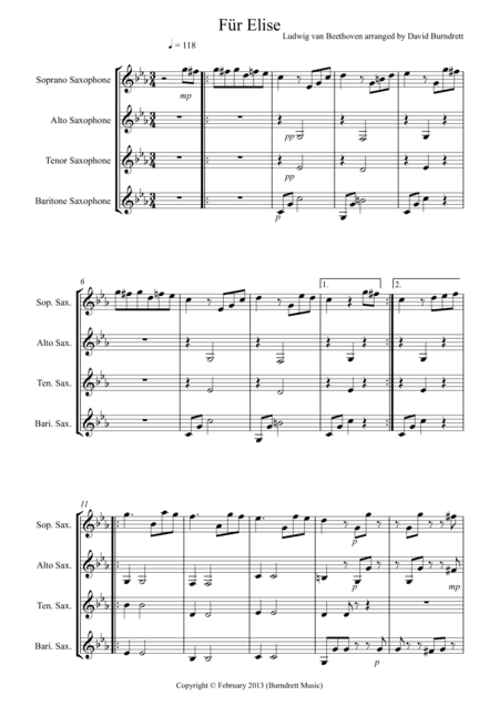Fur Elise for Saxophone Quartet (arr. David Burndrett)