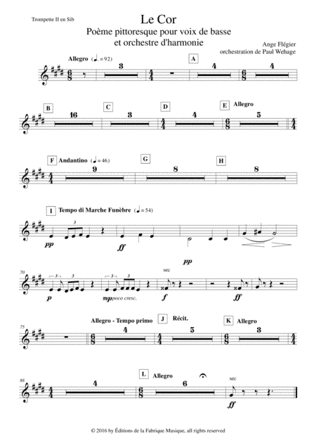 Ange Flégier: Le Cor for bass voice and concert band, Bb trumpet 2 part (arr. Paul Wehage)