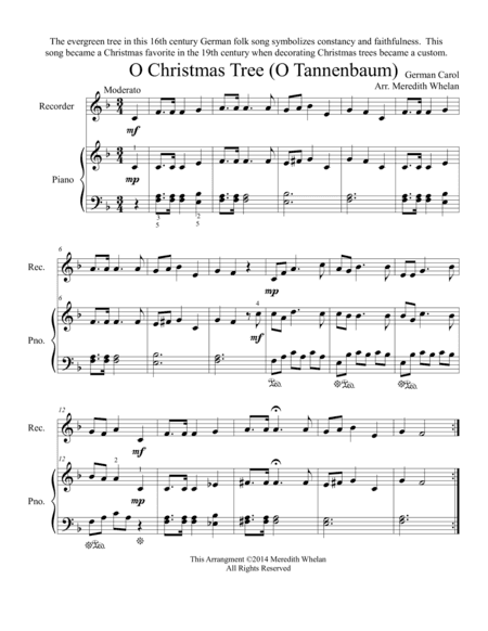 Chirstmas Duets for Recorder & Piano:  O Christmas Tree (O Tannenbaum) (arr. Meredith Whelan)