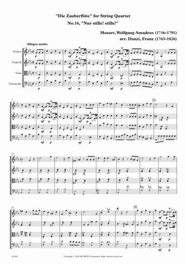 "Die Zauberflöte" for String Quartet, No.16, "Nur stille! stille!" (arr. Danzi, Franz (1763-1826))