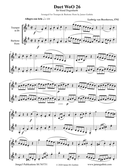 Beethoven: Duet WoO 26 for Trumpet & Baritone Horn (arr. James Guthrie, ASCAP)