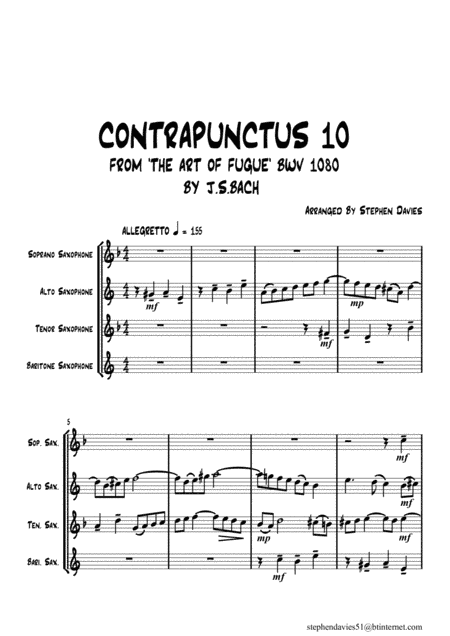 'Contrapunctus 10' By J.S.Bach BWV 1080 from 'The Art of the Fugue' for Saxophone Quartet. (arr. Stephen Davies)