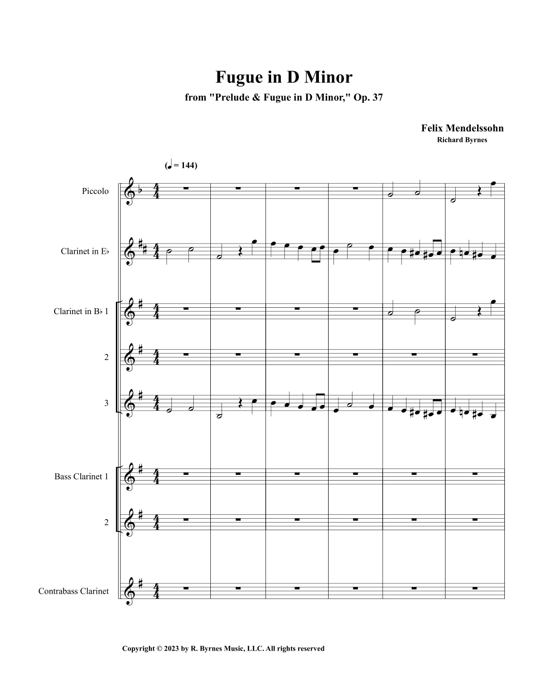 Mendelssohn - Fugue in D Minor, Op. 37 (Clarinet Septet + Piccolo) (arr. Richard Byrnes)