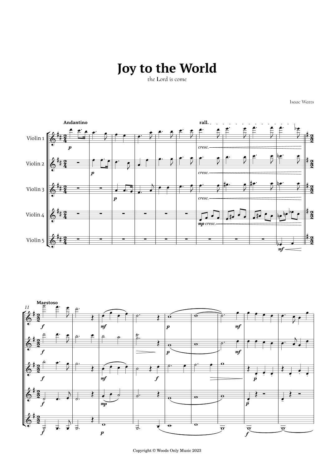 Joy to the World by for Violin Quintet (arr. Ander)