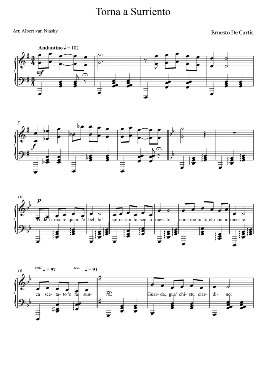 Torna a Surriento_G -  major key (or relative minor key) (arr. Albert van Niasky)