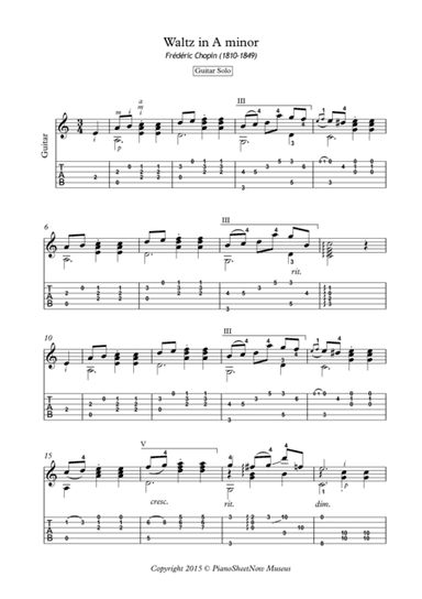 Waltz in A minor by Chopin for solo guitar (arr. PianoSheetNow)