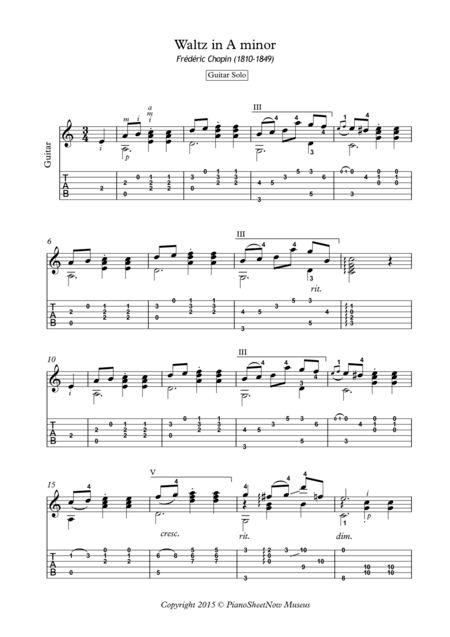 Waltz in A minor by Chopin for solo guitar (arr. PianoSheetNow)