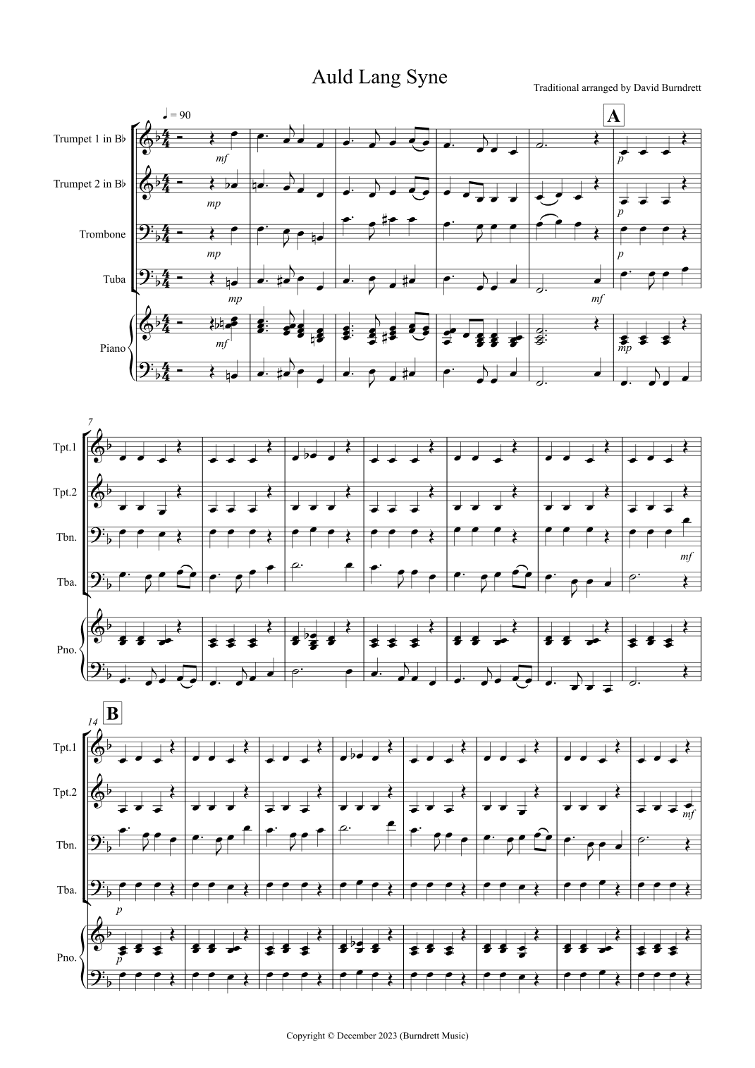 Auld Lang Syne for Brass Quartet (arr. David Burndrett)