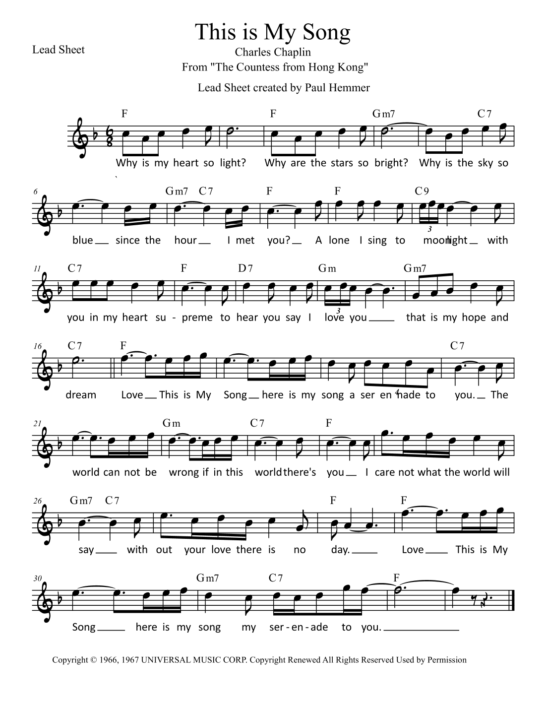 This Is My Song (arr. lead sheet by Paul Hemmer)