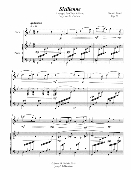 Fauré: Sicilienne for Oboe & Piano (arr. James M. Guthrie, ASCAP)
