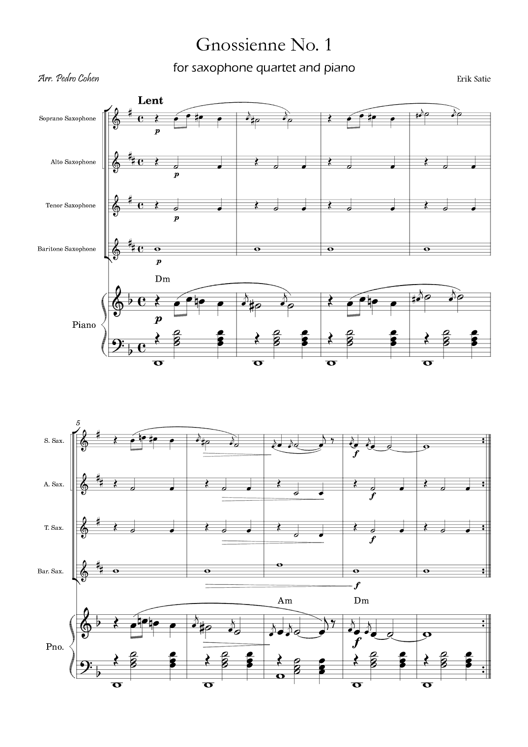 Gnossienne No. 1 – for Saxophone Quartet and Piano with chords (arr. Pedro Cohen)