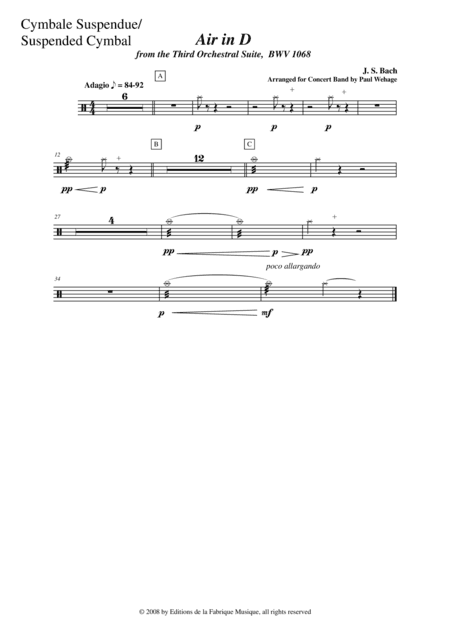 Johann Sebastian Bach/Wehage, Air in D from the Third orchestral suite, BWV 1068 arranged for concer (arr. Musik Fabrik Music Publishing)