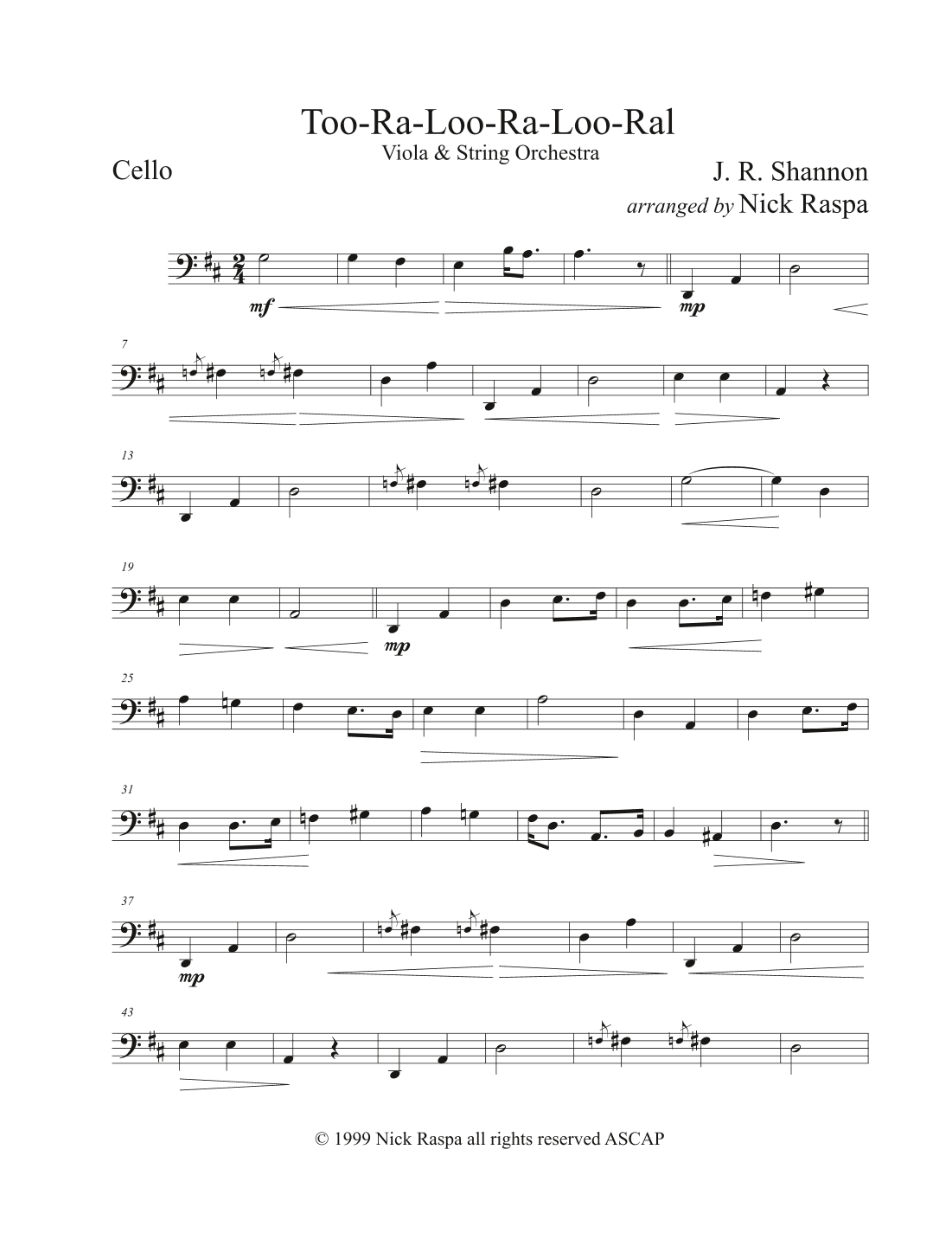 Too-ra-loo-ra-loo-ral, That's an Irish Lullaby (Viola & String Orchestra) Cello part (arr. Nick Raspa)