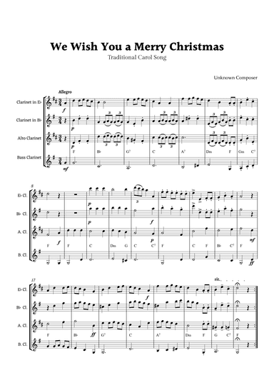 We Wish you a Merry Christmas for Clarinet Ensemble with Chords (arr. Rika K.)