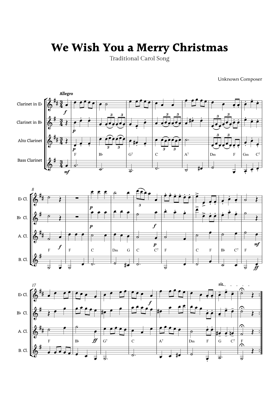 We Wish you a Merry Christmas for Clarinet Ensemble with Chords (arr. Rika K.)