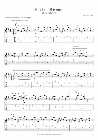 Etude in B minor Opus 35 No. 22 (Fernando Sor) for guitar solo (tab/tablature) (arr. Cesar Leandro Miguel)