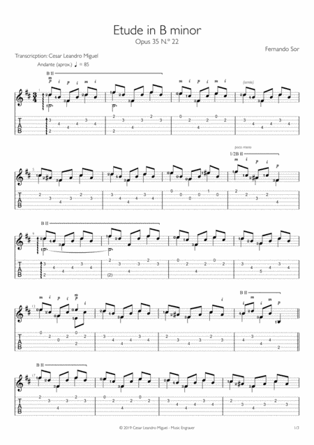 Etude in B minor Opus 35 No. 22 (Fernando Sor) for guitar solo (tab/tablature) (arr. Cesar Leandro Miguel)