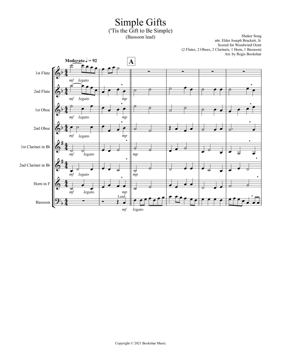 Simple Gifts ('Tis the Gift to Be Simple) (F) (Woodwind Octet - 2 Flute, 2 Oboe, 2 Clar, 1 Hrn, 1 Ba (arr. Regis Bookshar)