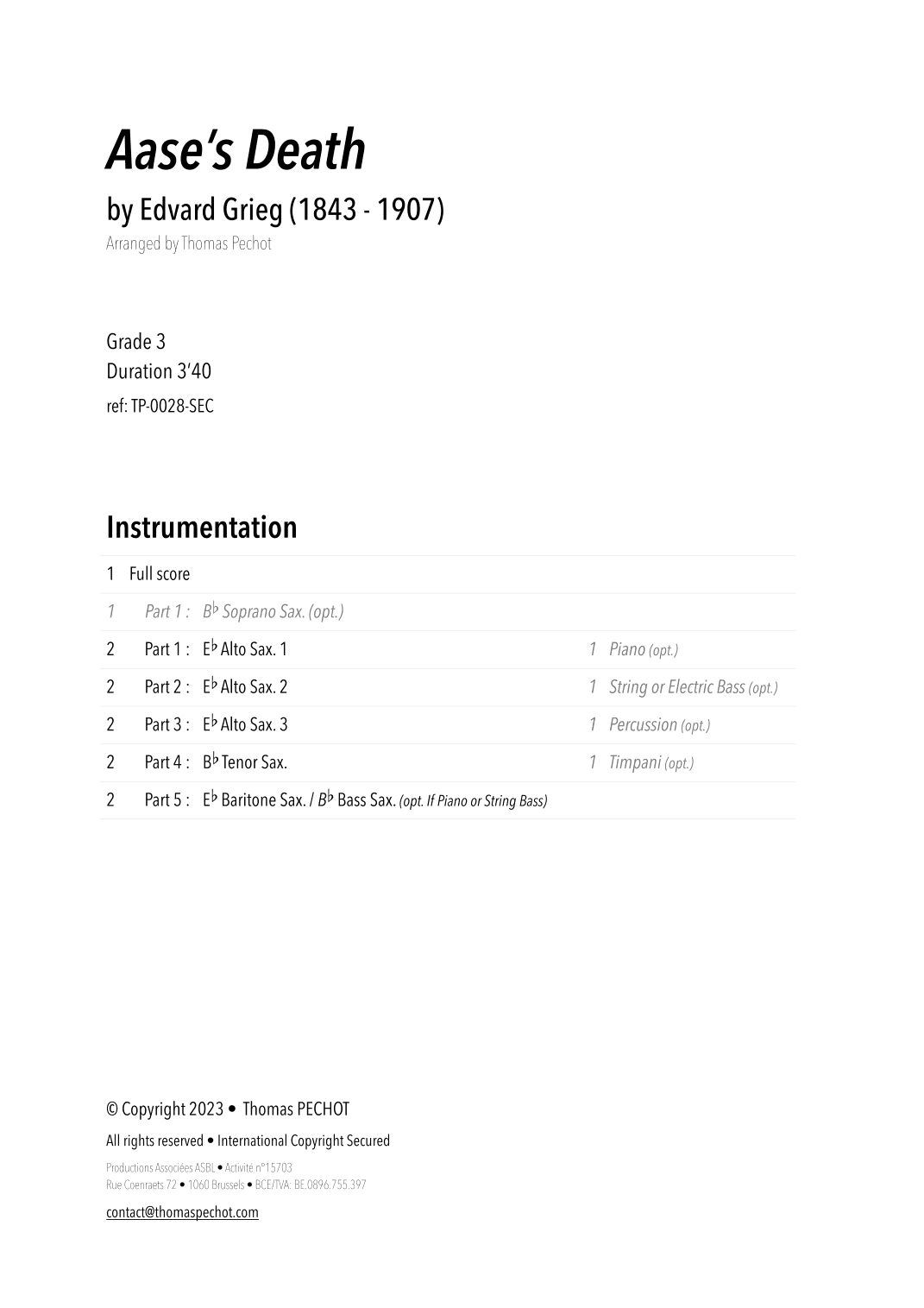 Aase's Death (from Peer Gynt Suite No.1) (arr. Thomas PECHOT)