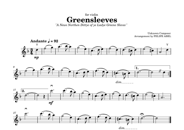 Greensleeves for Violin (arr. Felipe Abel)