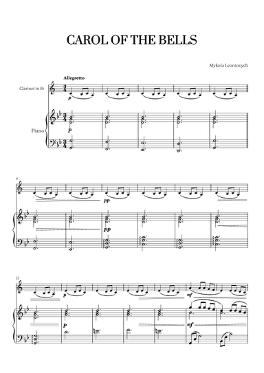 Carol of the Bells (Very Easy/Beginner) (for Clarinet and Piano) (arr. Cadenza Editions)