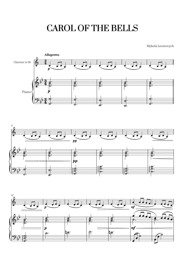 Carol of the Bells (Very Easy/Beginner) (for Clarinet and Piano) (arr. Cadenza Editions)