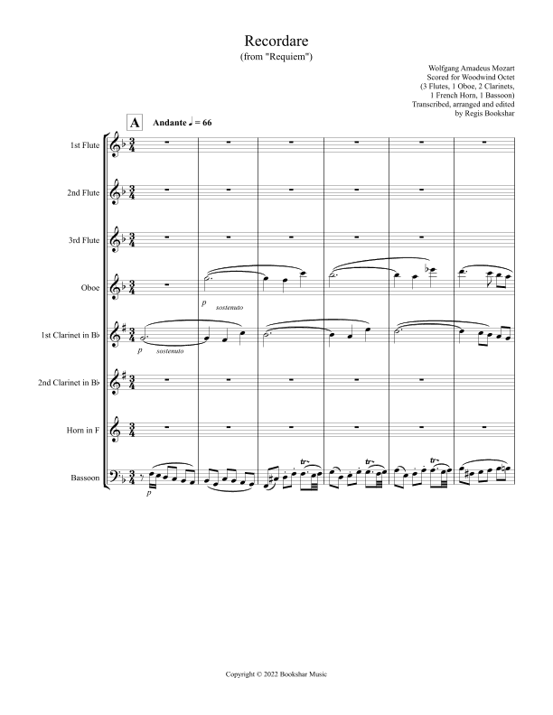 Recordare (from "Requiem") (F) (Woodwind Octet - 3 Flutes, 1 Oboe, 2 Clar, 1 Hrn, 1 Bassoon) (arr. Regis Bookshar)