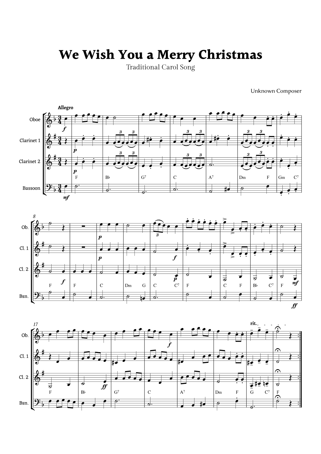 We Wish you a Merry Christmas for Woodwind Ensemble with Chords (arr. Rika K.)