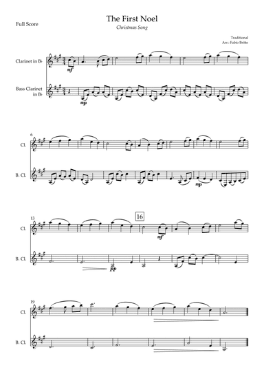 The First Noel (Christmas Song) for Clarinet in Bb & Bass Clarinet in Bb Duo (arr. Fabio Britto)