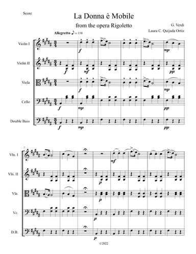 La Donna è Mobile, from the opera Rigoletto. String orchestra, easy-intermediate level.Score & parts (arr. Laura C. Quijada Ortíz)