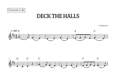 Deck the Halls for clarinet • easy Christmas song sheet music with chords (arr. Benzaiten Editions)