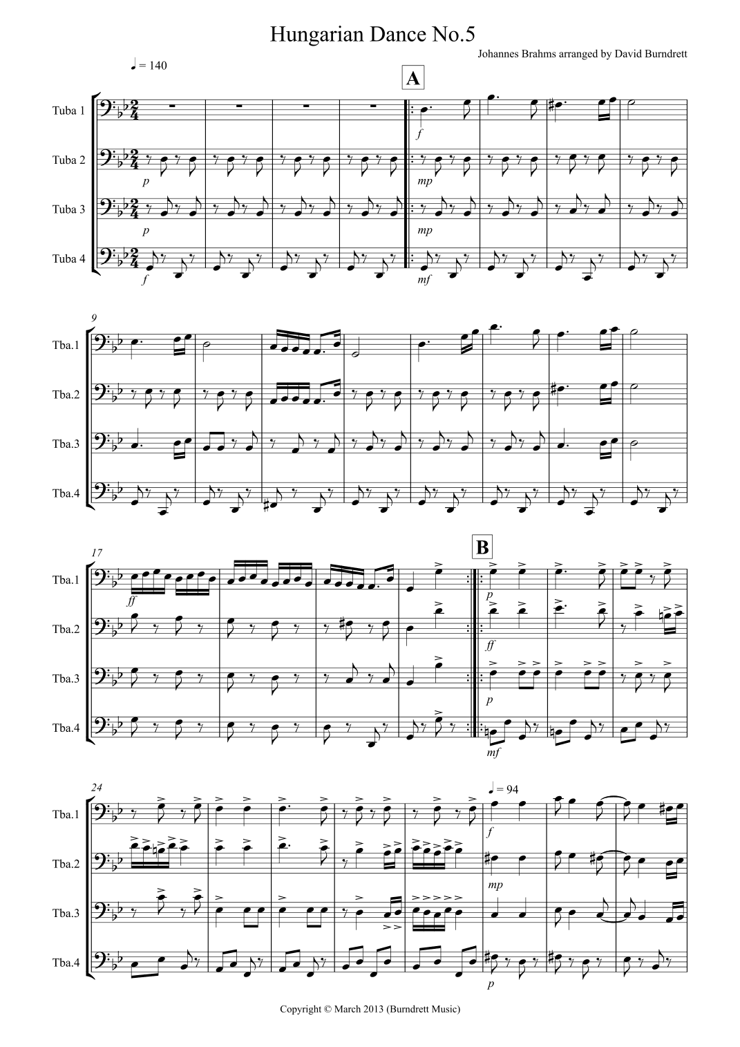 Hungarian Dance No.5 for Tuba Quartet (arr. David Burndrett)