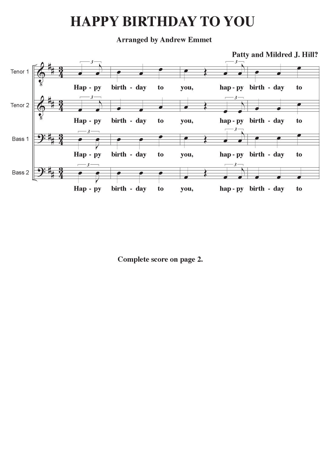 Happy Birthday To You A Cappella TTBB (arr. Andrew Emmet)