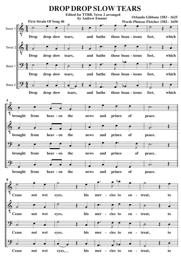 Drop Drop Slow Tears A Cappella TTBB (arr. Andrew Emmet)