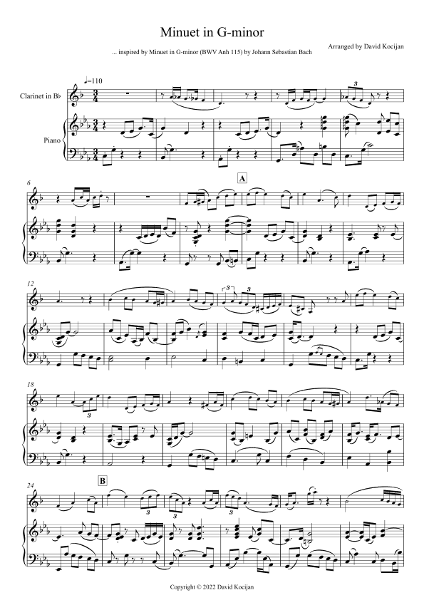 Minuet in G-minor (clarinet & piano) (arr. David Kocijan)