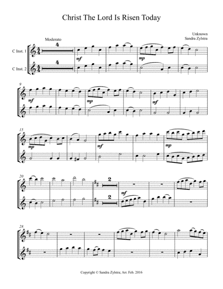 Christ The Lord Is Risen Today (treble C instrument duet, parts only) (arr. Sandra Zylstra)