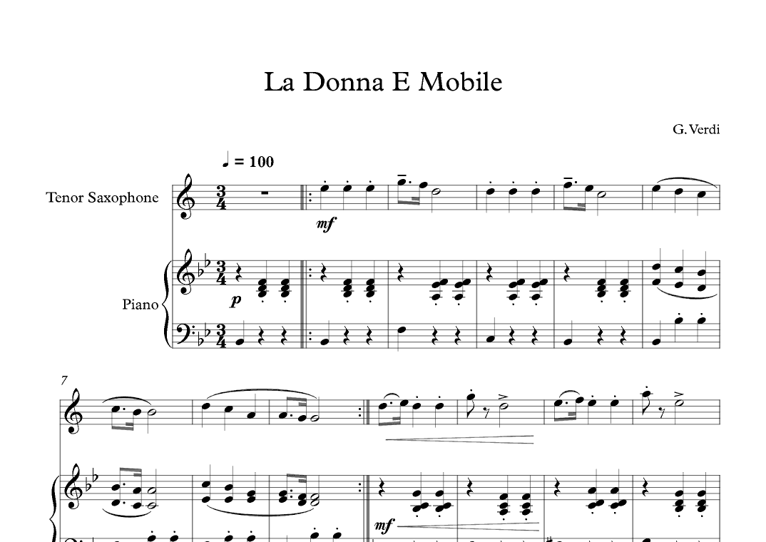La Donna E Mobile - Giuseppe Verdi (Tenor Sax + Piano) (arr. Digital Book Music)