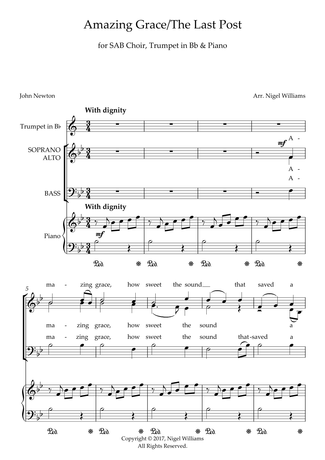 Amazing Grace, with The Last Post, for SAB choir, piano, trumpet in Bb (arr. Nigel Williams)