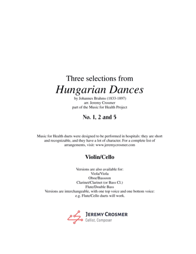 Brahms: Hungarian Dances No. 1, 2 and 5 - Music for Health Duet Violin/Cello (arr. Jeremy Crosmer)