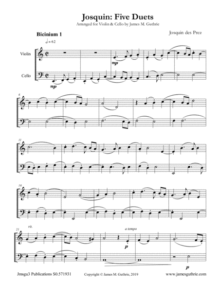 Josquin: Five Duets for Violin & Cello (arr. James M. Guthrie, ASCAP)