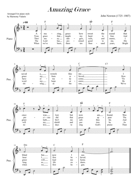 Amazing Grace (F major key) Piano Style with note names, chords and lyrics (arr. Published Harmony Valarie)