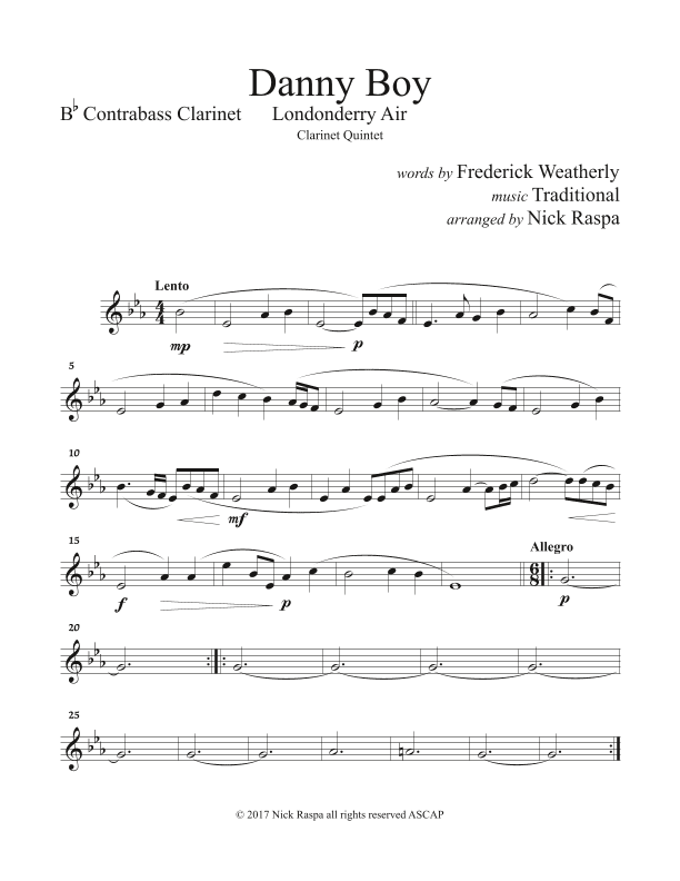 Danny Boy (Clarinet Quintet [Eb, Bb(2), B. Cl. & Cb. Cl.]) Contrabass Clarinet part (arr. Nick Raspa)